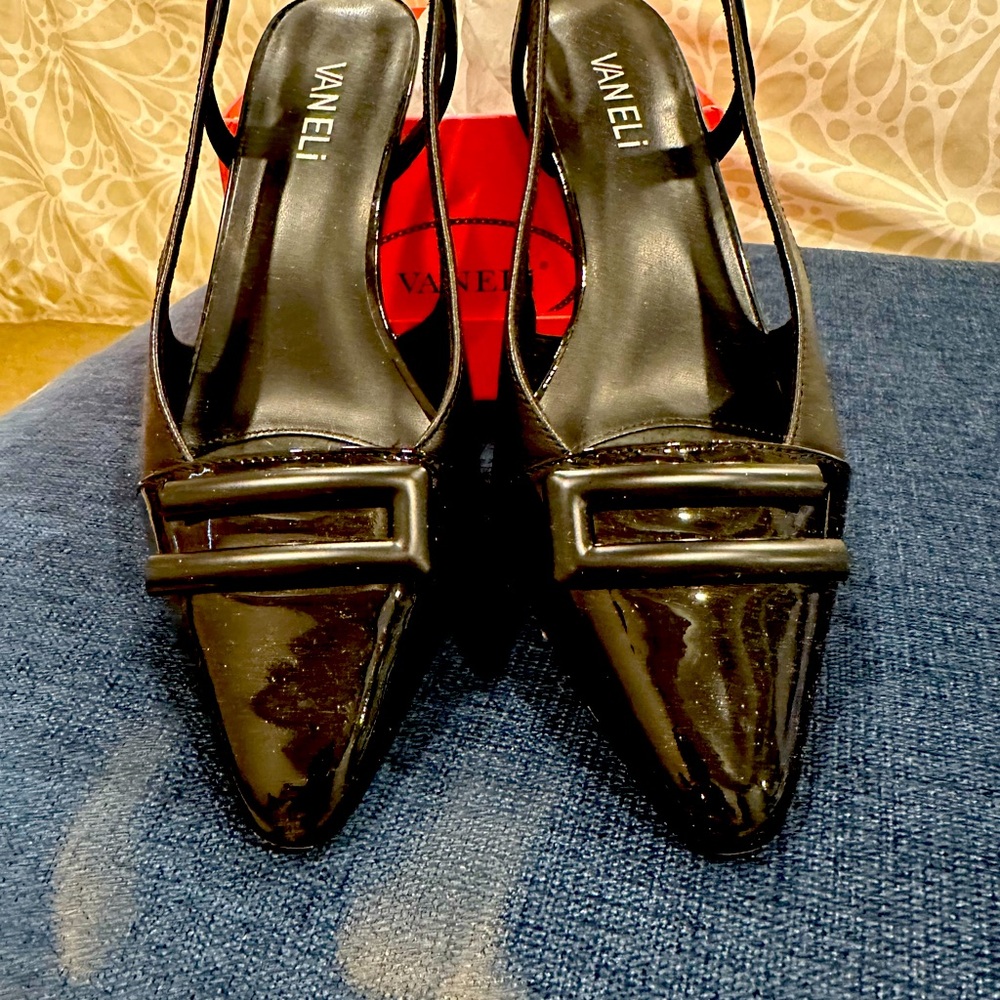 Vaneli Tady Black Napa Leather and Black Patent Leather. Worn once